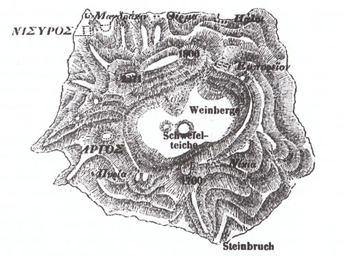 Wyspa Nisyros, mapa z 1842 r. autorstwa L. Rossa (Vougioukalakis G. Blue volcanoes: Nisyros)