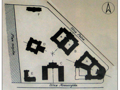 Plan sytuacyjny z 1899 roku. A - Gmach Główny, B - Gmach Chemii, C - Gmach Mechaniki, D - Gmach Fizyki, E - Budynek mieszkalny dla administracji, F - Budynek mieszkalny dla profesorów
