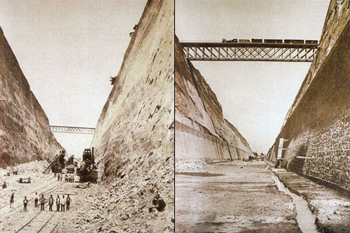 Kanał w trakcie budowy; fot. lewa - 1885 r.; fot. prawa - 1889 r. tuż przed zakończeniem budowy