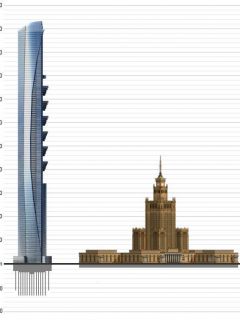 Fig. 5. Porównanie Pentominium z najwyższym budynkiem w Polsce – Pałacem Kultury i Nauki w Warszawie wg M. Greli (źródło rysunkó